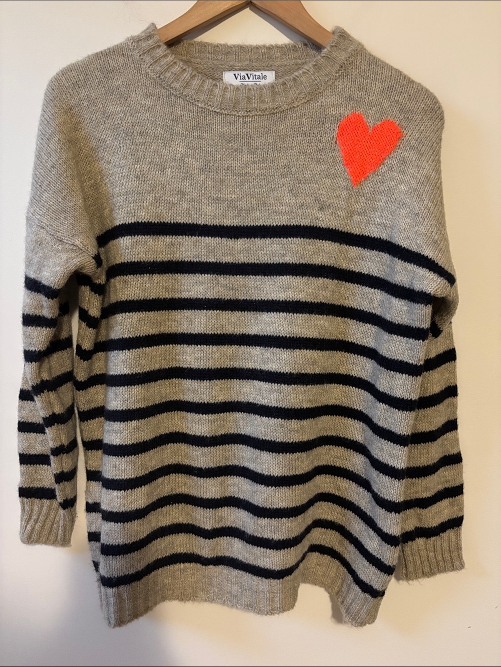 Via Vitale  Striped Crewneck Sweater with Orange Heart